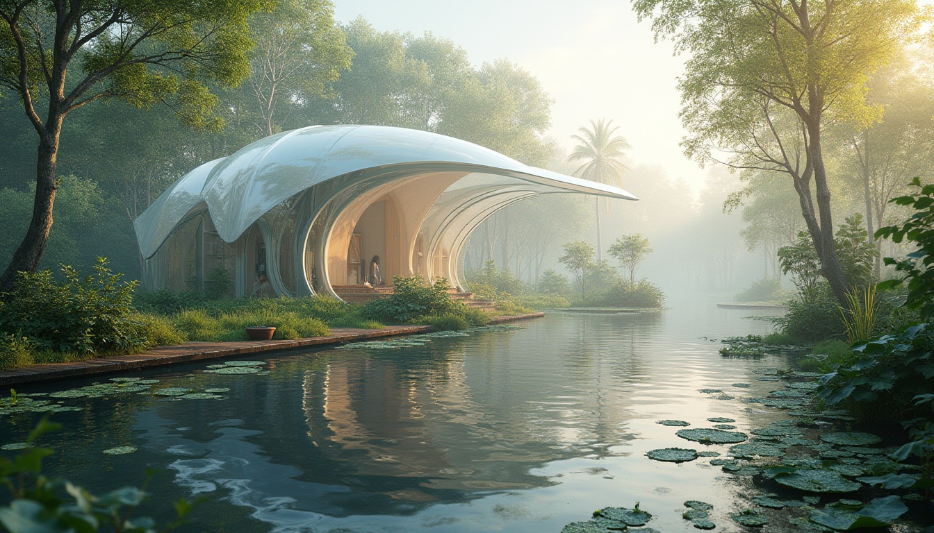 Prompt: Wetland scenery, polycarbonate structure, modern architecture, transparent roof, curved lines, water reflection, aquatic plants, misty atmosphere, warm lighting, shallow depth of field, nature-inspired design, eco-friendly materials, futuristic ambiance, soft focus, 3/4 composition.