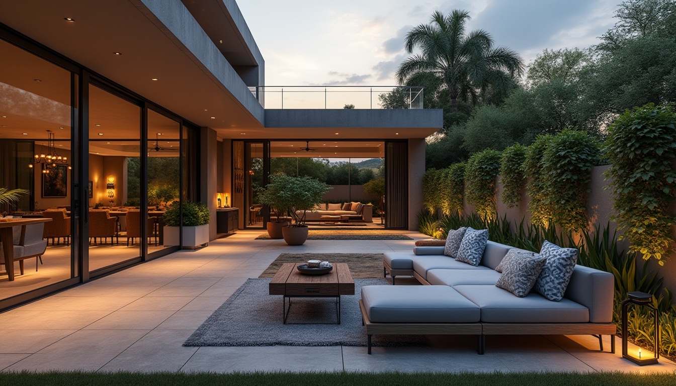 Prompt: Modern outdoor living space, luxurious villa, minimalist architecture, sleek lines, floor-to-ceiling windows, sliding glass doors, spacious open-air patio, elegant lounge seating, low-profile sectional sofa, geometric-patterned cushions, rustic wooden coffee table, lush greenery, potted plants, vertical garden, ambient string lights, warm lanterns, sunset ambiance, dramatic shadows, 3/4 composition, shallow depth of field.