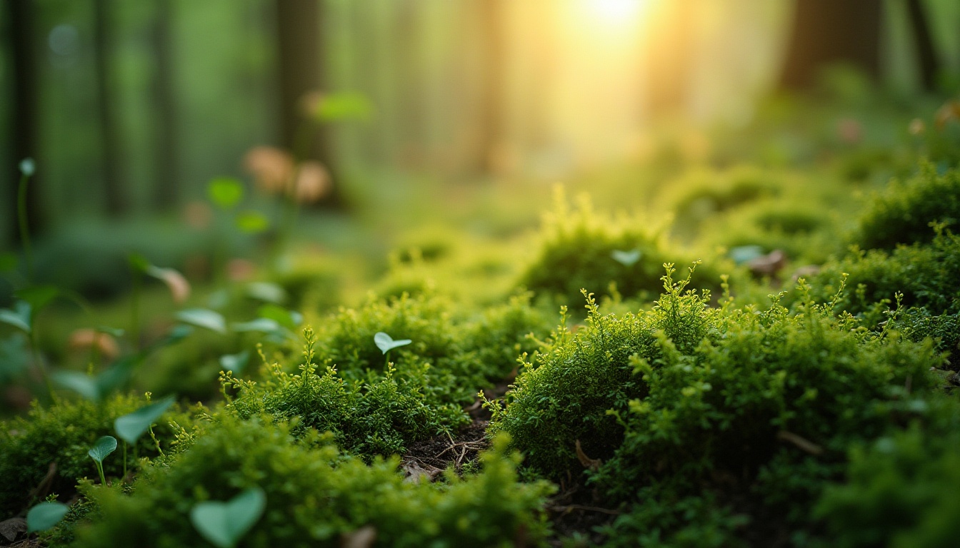 Prompt: Moss green, natural scenery, vibrant color palette, organic texture, foliage, botanical elements, whimsical atmosphere, mystical ambiance, ancient forest, misty morning, soft golden light, warm and cozy tone, earthy material, irregular shape, abstract composition, dreamy quality, shallow depth of field, vintage filter, watercolor effect.