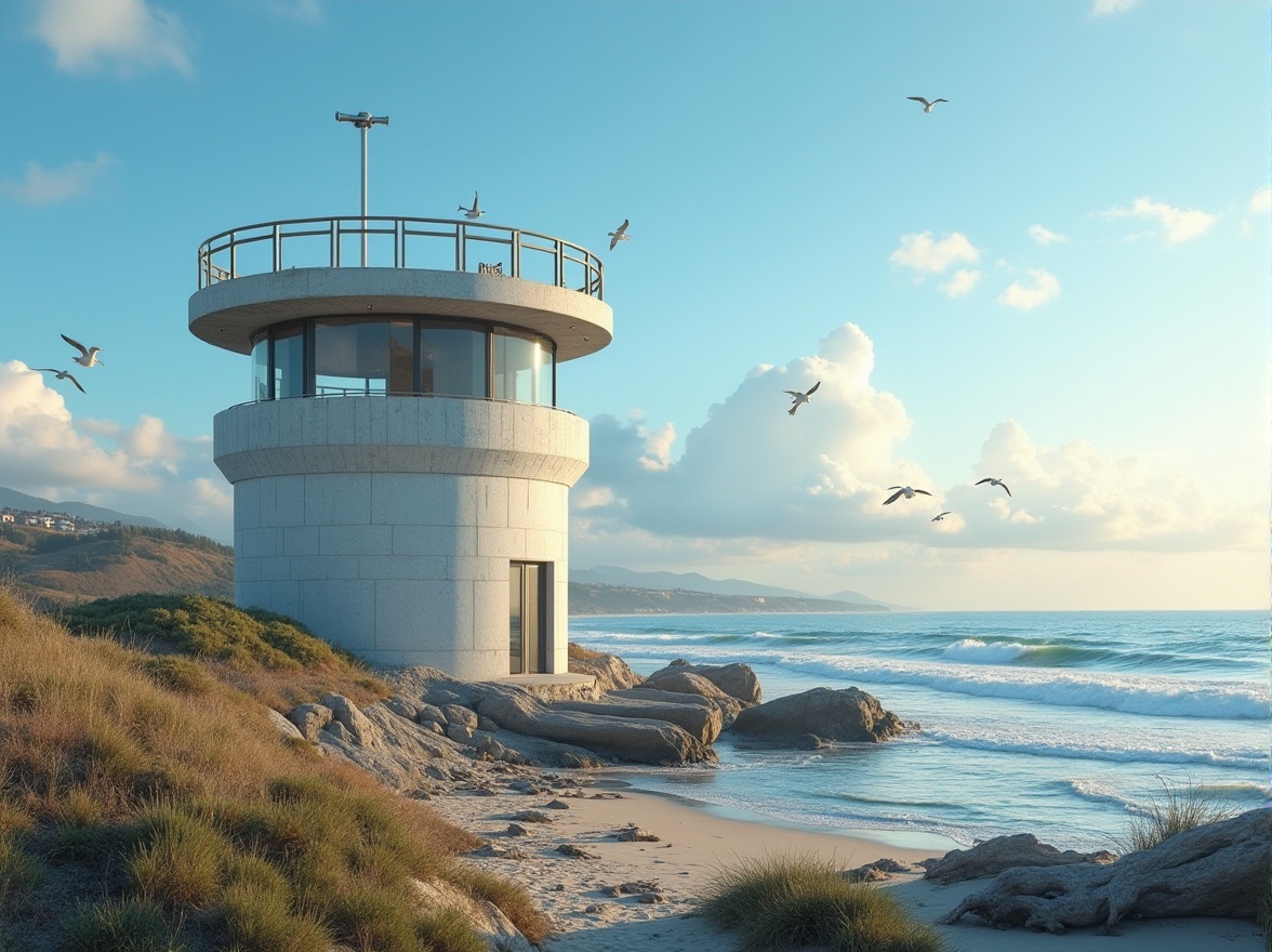 Prompt: Coastal watching tower, successful case study, modern architecture, cylindrical shape, white concrete walls, large windows, observation deck, binoculars, coastal scenery, blue sky, fluffy clouds, seagulls flying overhead, ocean waves crashing against the shore, rocky coastline, beachside vegetation, driftwood, sandy dunes, warm sunlight, soft ambient lighting, 3/4 composition, panoramic view.