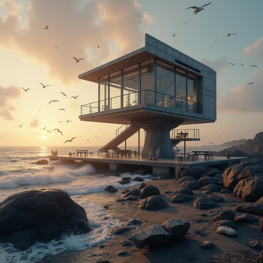 Prompt: Modern coastal watching tower, futuristic architecture, sleek lines, minimalist design, large windows, ocean views, steel frame, glass facade, rooftop observation deck, winding staircase, nautical theme, weathered wood accents, driftwood benches, sea-inspired sculptures, surrounding rocky shores, crashing waves, seagulls flying overhead, dramatic sunset, warm golden lighting, atmospheric mist, 3/4 composition, cinematic angle, fish-eye lens.