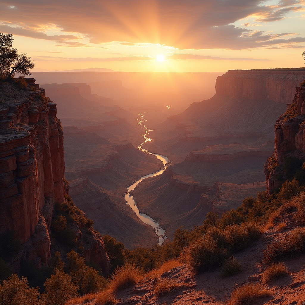 Prompt: Canyon settings, Arizona, USA, grand canyon, vast valley, Colorado River, sunset time, warm orange light, layered rock formations, eroded cliffs, sparse trees, dry bushes, winding roads, distant mountains, panoramic view, atmospheric perspective, soft focus, cinematic composition, golden hour, natural colors, ambient lighting.