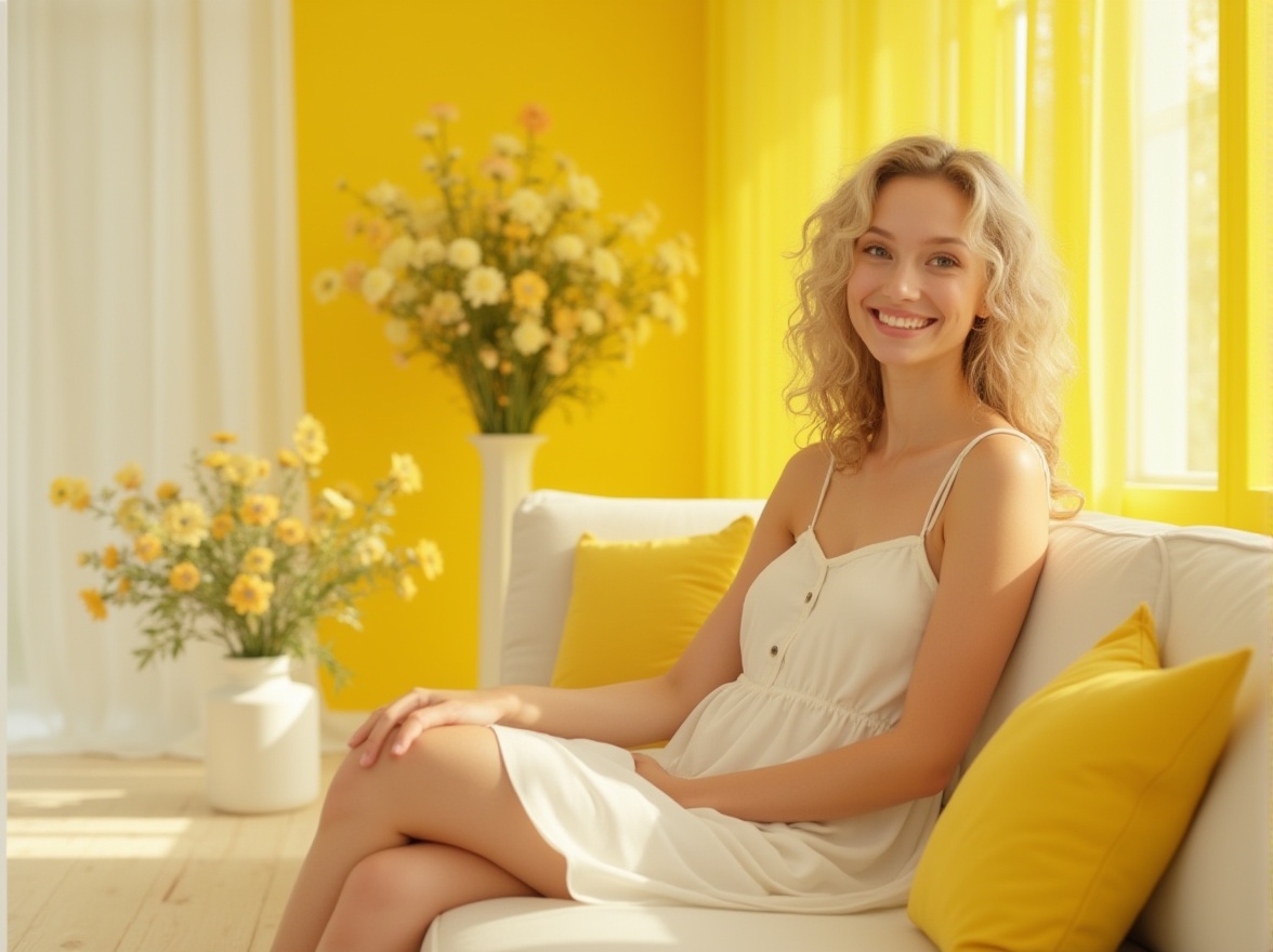 Prompt: Bright light yellow walls, vibrant sunny flowers in a vase, warm energetic atmosphere, inviting smile, happy eyes, curly blonde hair, gentle makeup, casual wear, flowy sundress with white straps, sandals, relaxed posture, leaning against a modern minimalist sofa, large windows with soft white curtains, natural daylight, 3/4 composition, soft focus, shallow depth of field, bright and airy interior design.