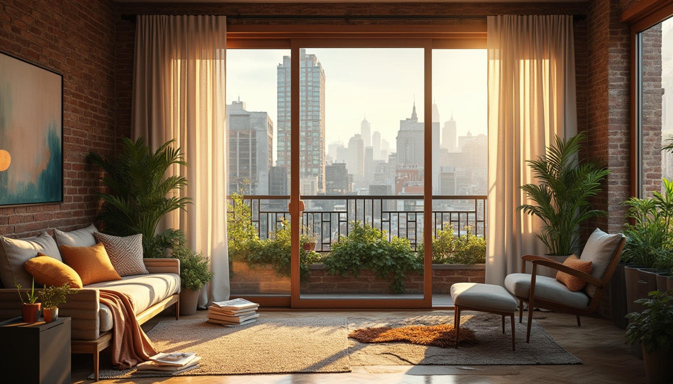 Prompt: Modern apartment building, vernacular architecture, urban setting, intricate brick walls, wooden window frames, green roof with lush vegetation, hanging fabric curtains, flowy white drapes, patterned throw pillows, plush area rugs, soft lighting, warm tones, afternoon sunbeams, cityscape views, geometric balcony railings, cozy reading nook, comfortable armchair, natural wood accents, earthy color palette, abstract artwork, eclectic decorative items, inviting atmosphere, shallow depth of field.