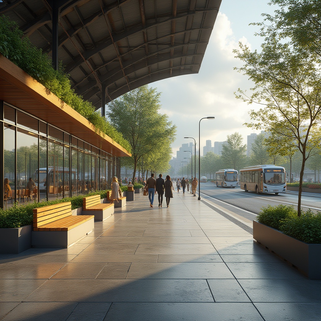 Prompt: Modern bus station, sustainable materials, eco-friendly, glass facade, wooden benches, recycled plastic chairs, living green walls, natural stone flooring, steel framework, curved roof, plenty of natural light, urban cityscape, morning commute, people walking, buses arriving, trees surrounding, cloudy sky, warm ambient lighting, panoramic view, 3/4 composition.