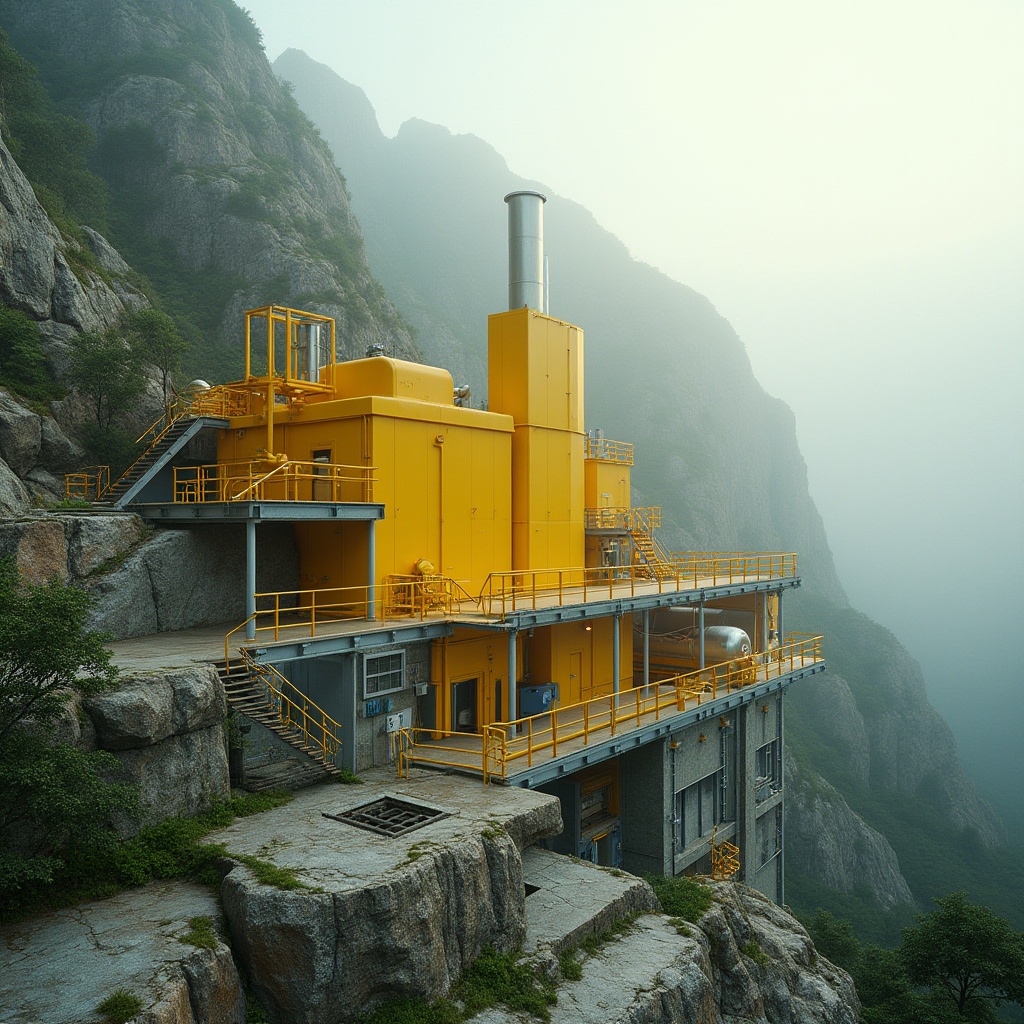 Prompt: Mountainous energy plant, modern architecture, light yellow color scheme, metallic materials, sleek lines, minimalist design, industrial equipment, pipes, machinery, control panels, stairs, railings, catwalks, natural stone walls, greenery, surrounding mountains, misty atmosphere, soft warm lighting, 3/4 composition, cinematic mood.