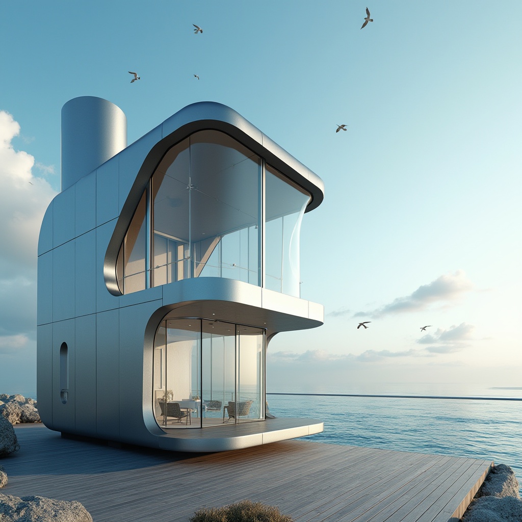 Prompt: Modern coastal watching tower, sleek minimalist design, curved lines, steel framework, floor-to-ceiling glass windows, ocean views, balcony with metal railing, wooden decking, beachside location, sunny day, clear blue sky, few seagulls flying overhead, gentle sea breeze, soft natural lighting, 3/4 composition, cinematic atmosphere, modern architectural style, luxurious feel, metallic texture, reflective surface, coastal scenery, dramatic clouds.