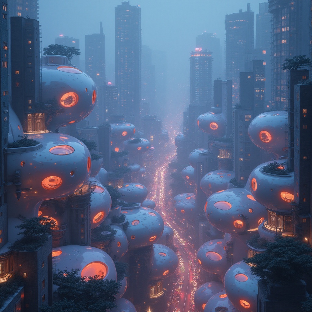 Prompt: Blob-like buildings, futuristic architecture, amoeba-inspired structures, rounded edges, smooth curves, iridescent materials, neon lights, glowing accents, reflective surfaces, organic shapes, surreal landscapes, night cityscape, metropolitan area, towering skyscrapers, bustling streets, misty atmosphere, 3/4 composition, cinematic lighting.