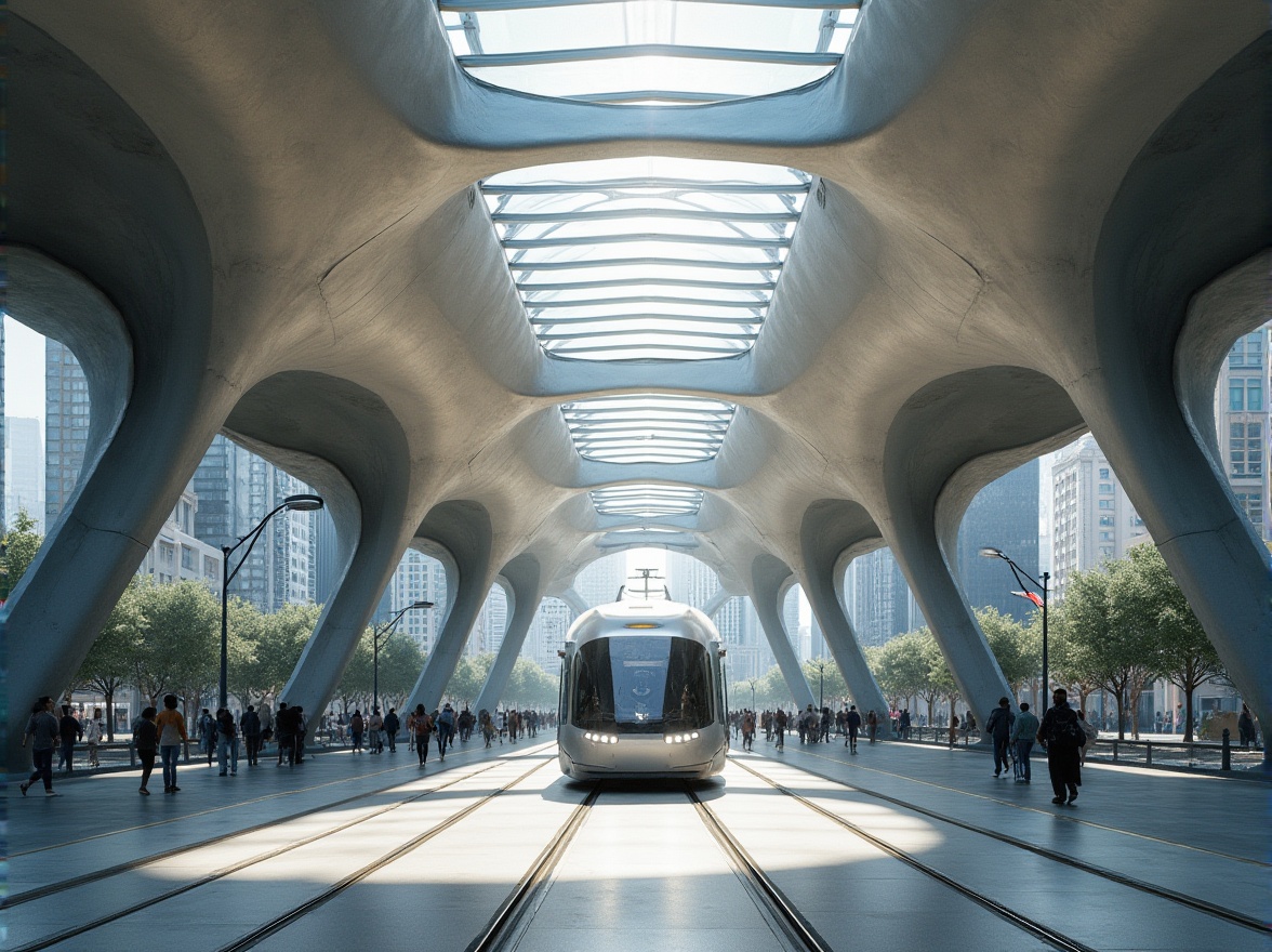 Prompt: Modern tram station, futuristic architecture, sleek lines, fiber-cement material, grey-white color scheme, curved roof, natural light pouring through skylights, intricate structural details, urban cityscape background, busy street scene, people walking, trees lining the sidewalk, steel beams, glass walls, angular pillars, industrial chic, metallic sheen, ambient occlusion, 3/4 composition, soft focus on foreground.