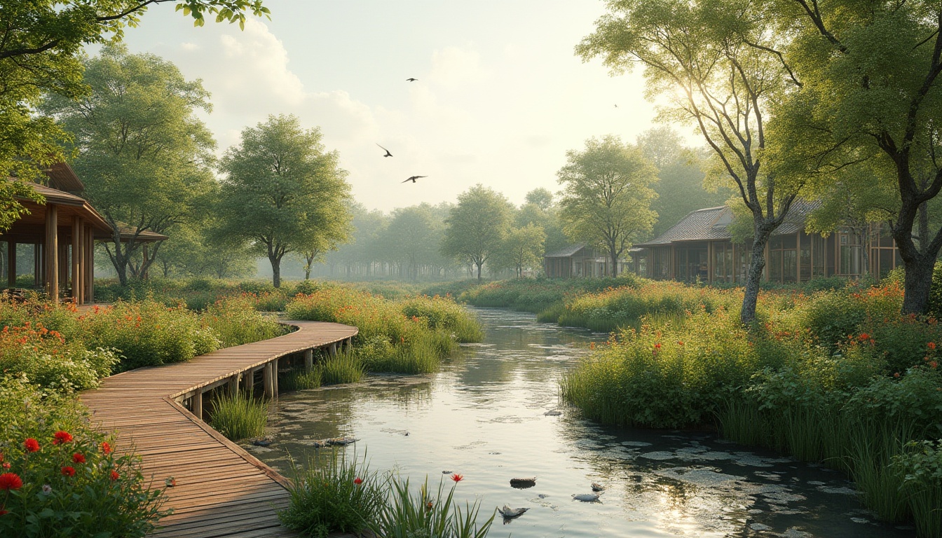 Prompt: Eco-friendly wetland design, serene natural environment, lush green vegetation, tranquil water features, wooden boardwalks, native plants, wildflowers blooming in vibrant colors, shallow waters reflecting the sky, few birds flying overhead, a variety of aquatic life thriving, sustainable materials used for construction, recycled wood, bamboo accents, organic textures, warm and soft ambient lighting, panoramic view, 3/4 composition, gentle ripples on the water surface as a light breeze passes.