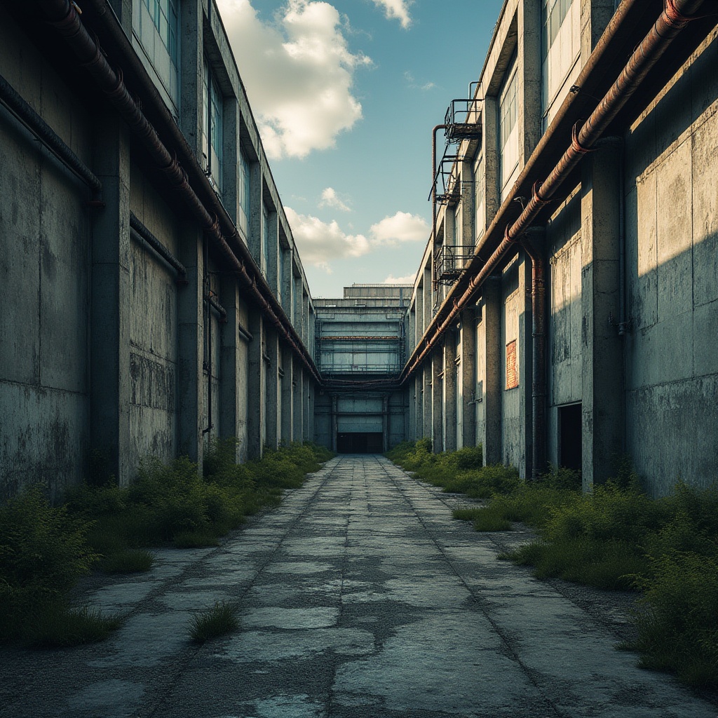 Prompt: Industrial factory, expressionist style, modern architecture, brutalist elements, exposed pipes, concrete walls, steel beams, large windows, urban landscape, cityscape, cloudy sky, dramatic lighting, low-angle shot, cinematic composition, high contrast, bold colors, geometric shapes, futuristic ambiance, metallic texture, rugged material, abandoned feel, decayed interior, overgrown vegetation, rusty machinery, old factory equipment.