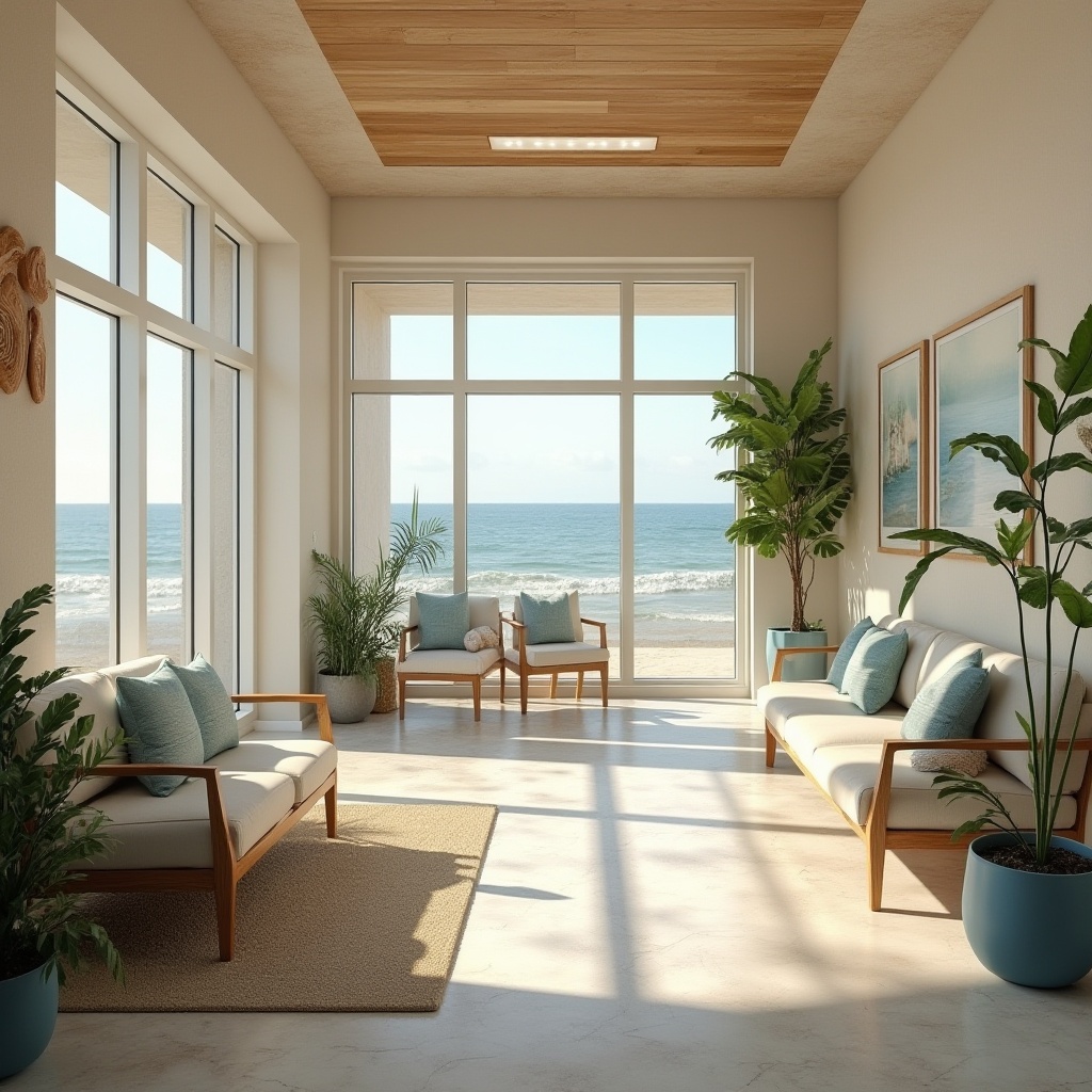 Prompt: Coastal themed healthcare center, modern architecture, large windows, natural light, calming atmosphere, sandy beige walls, ocean-inspired blue accents, comfortable sofas, green plants, wooden decorations, soft carpet, gentle curves, minimalist decor, spacious waiting area, peaceful ambiance, soft background music, natural stone flooring, wave-patterned textiles, driftwood furniture, calming color palette, panoramic view of the ocean, subtle sound of waves, warm sunlight, 3/4 composition, soft focus, relaxing mood.