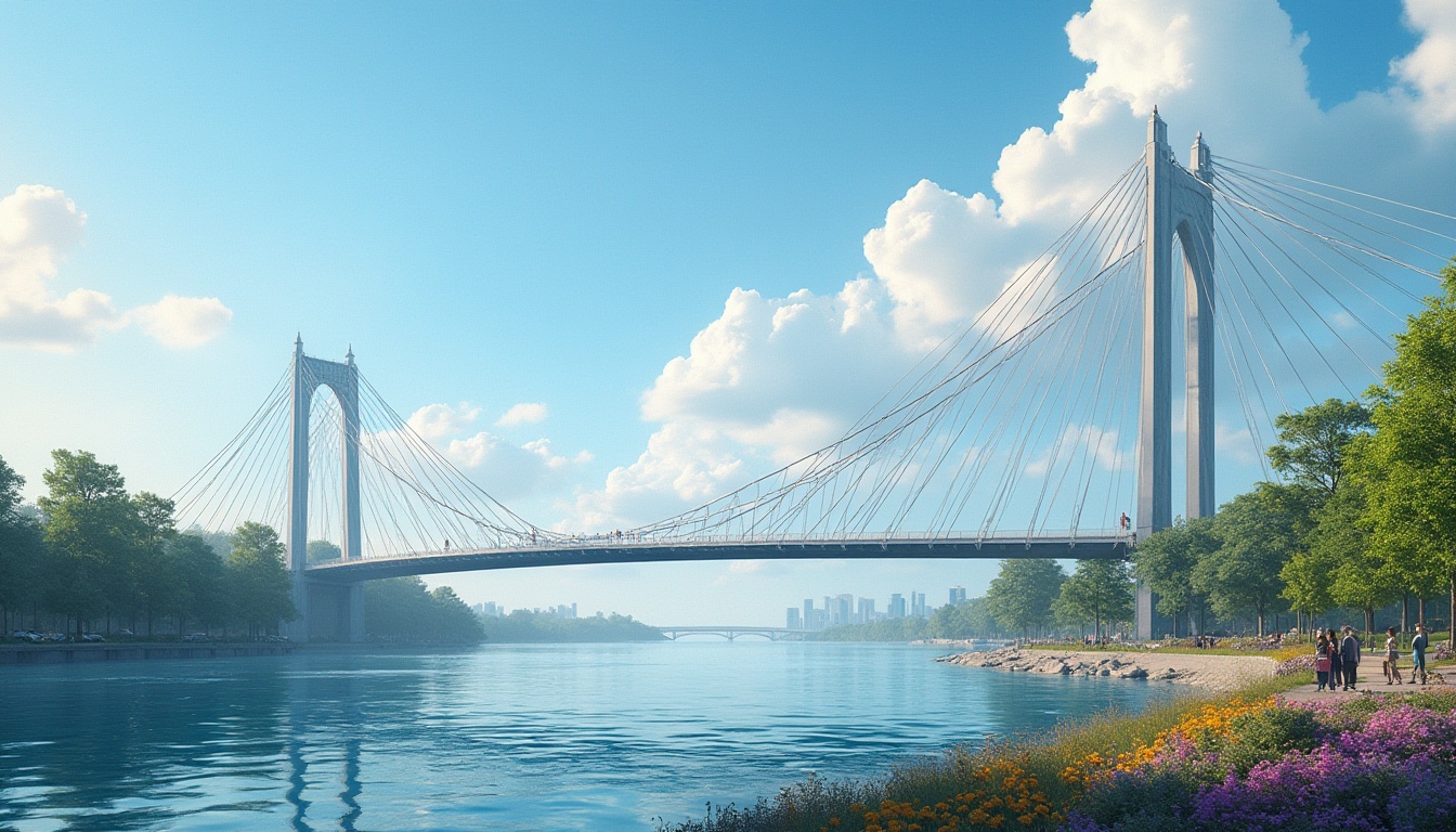 Prompt: Periwinkle-colored suspension bridge, majestic, modern, metallic structure, curved lines, sleek cables, urban cityscape, daytime, blue sky, fluffy white clouds, gentle breeze, rippling water reflections, riverbank, lush greenery, vibrant flowers, pedestrians strolling, casual wear, summer atmosphere, warm soft lighting, cinematic composition, 3/4 view, slight mist effect.