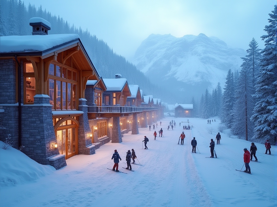 Prompt: Ski center, snowy mountain, Lavender Blue color scheme, modern architecture, large glass windows, wooden beams, stone walls, warm lighting, cozy atmosphere, people wearing winter clothing, skis and snowboards, ski lifts, snowflakes gently falling, misty background, soft focus, warm colors, panoramic view, 3/4 composition, cinematic mood.