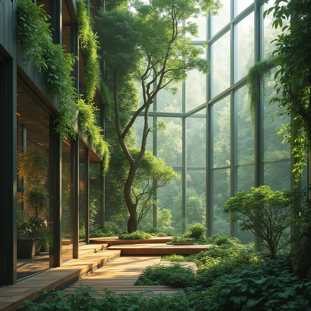 Prompt: Green architecture, modern building, glass facade, steel frame, lush green walls, vertical garden, natural light, calming atmosphere, urban oasis, cityscape, busy street, contrast between nature and concrete, serene ambiance, minimalist interior, wooden accents, plants scattered throughout, floor-to-ceiling windows, panoramic view, 3/4 composition, soft natural lighting, warm tone, shallow depth of field.