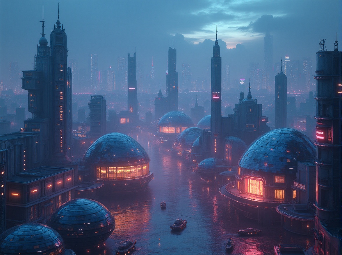 Prompt: Blob-like buildings, futuristic architecture, rounded shapes, iridescent materials, neon lights, glowing accents, reflective surfaces, abstract structures, organic forms, cyberpunk cityscape, metropolitan skyline, night view, cinematic lighting, misty atmosphere, vibrant colors, 3/4 composition, panoramic view.