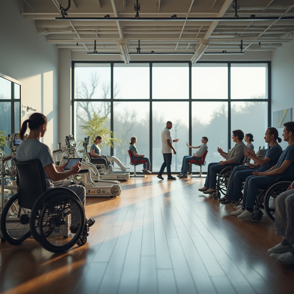 Prompt: Modern rehabilitation center, large windows, natural light, high-tech medical equipment, robotic arms, virtual reality therapy tools, tablets, wheelchairs, physical therapists, patients exercising, treadmills, stationary bicycles, parallel bars, mirrors, wooden floors, calm atmosphere, soft lighting, 3/4 composition, shallow depth of field, realistic rendering, cinematic mood.