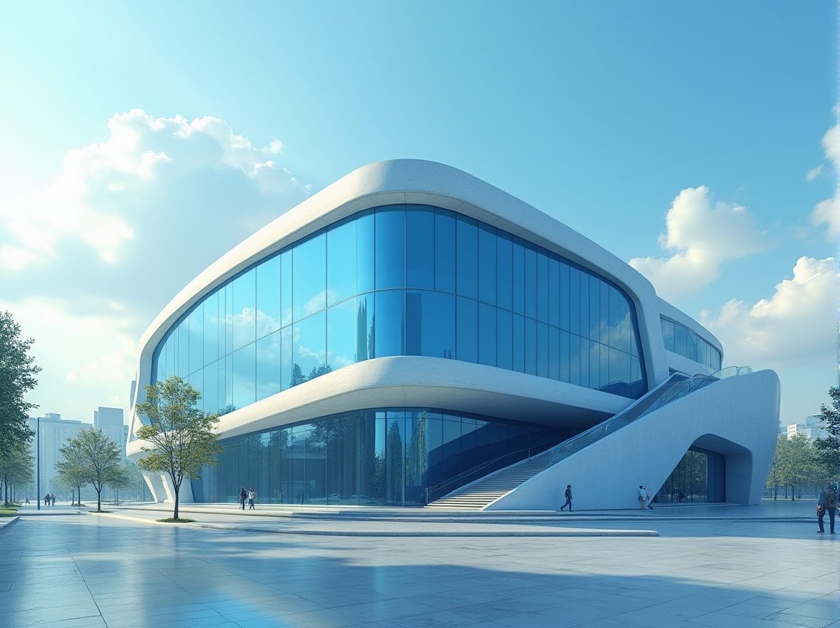 Prompt: Powder blue building, modern architecture, futuristic design, sleek lines, curved structure, reflective glass, metallic accents, urban cityscape, daytime, sunny weather, clear sky, few white clouds, shallow depth of field, atmospheric perspective, soft natural light, subtle shading, high-contrast HDR, cinematic composition, 3/4 view.