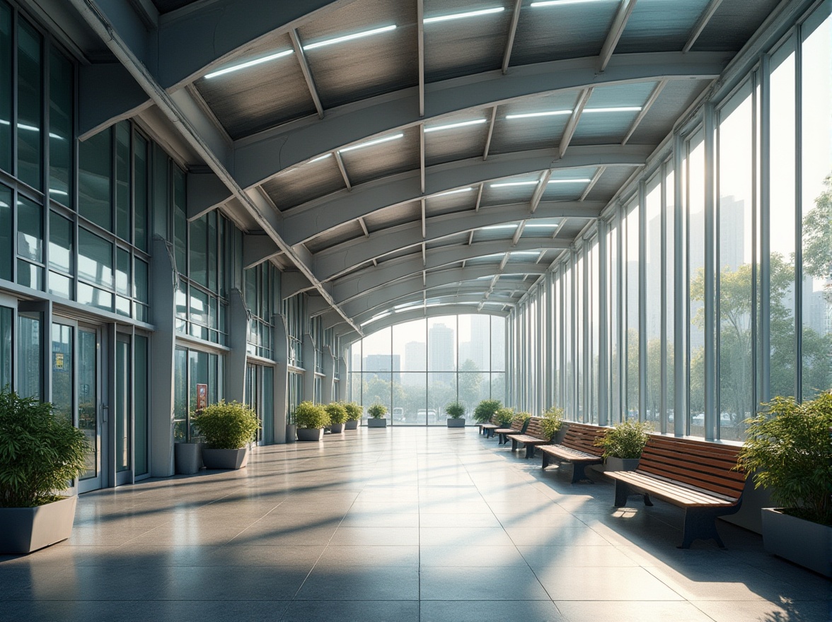 Prompt: Modern bus station, innovative steel-framed architecture, sleek lines, geometric shapes, silver metallic structure, large glass windows, automatic sliding doors, LED light strips, digital display screens, comfortable waiting area, wooden benches, green plants, urban cityscape, morning sunlight, shallow depth of field, symmetrical composition, 3/4 view.