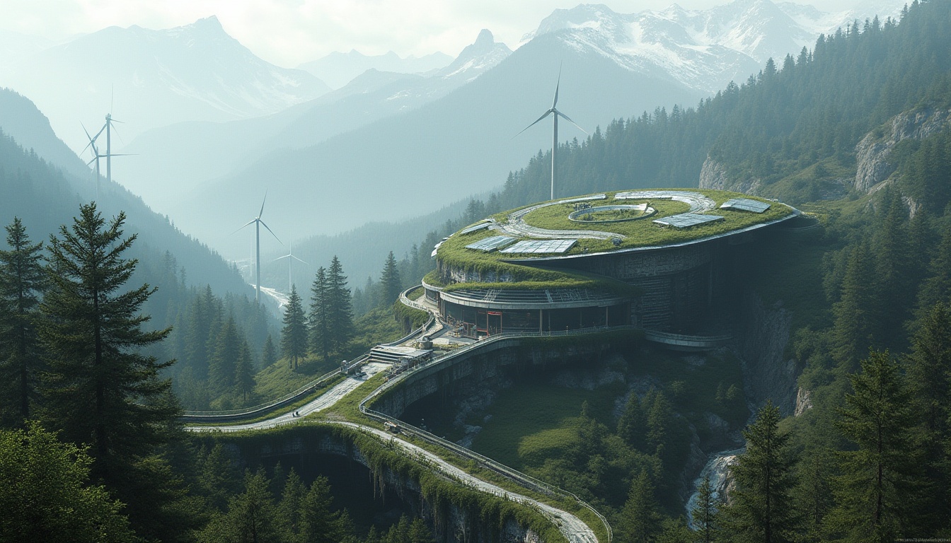 Prompt: Mountainous energy plant, futuristic architecture, sleek metal structures, curved lines blending with nature, wind turbines, solar panels, hydroelectric generators, moss-covered exterior walls, vines crawling up pillars, foggy misty atmosphere, morning dew, snow-capped peaks in background, pine trees surrounding facility, winding mountain roads leading to entrance, rugged terrain, rocky cliffs, steep slopes, industrial machinery, copper pipes, steel beams, minimalist design, environmental harmony, sustainable energy, panoramic view, aerial shot, cinematic lighting, 3/4 composition.