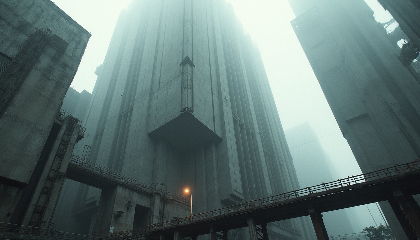 Prompt: Brutalist skyscraper, futuristic cityscape, geometric concrete structure, irregular shapes, fortress-like design, rugged textured walls, raw unfinished look, monumental scale, imposing presence, dramatic lighting, urban jungle atmosphere, misty foggy background, steel beams, industrial pipes, brutalist architectural details, angular lines, abstract composition, high-contrast tone, cinematic mood, 3/4 view angle, low-angle shot.