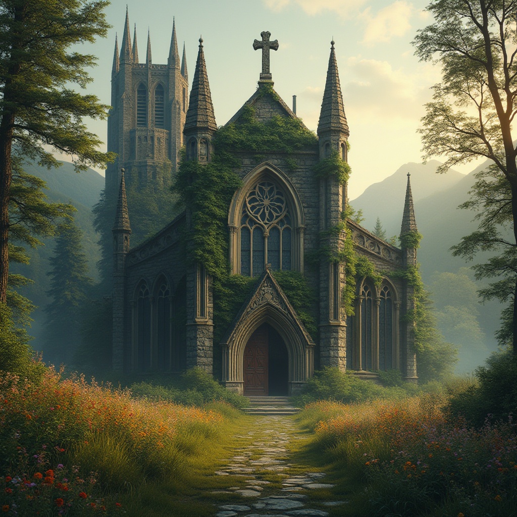 Prompt: Rural landscape, medieval-inspired Gothic architecture, mysterious abandoned church, intricate stone carvings, stained glass windows, towering spires, grand entrance with heavy wooden doors, overgrown with ivy and moss, surrounded by old trees, misty atmosphere, soft golden light, dramatic shadows, peaceful countryside, rolling hills, wildflowers blooming in vibrant colors.