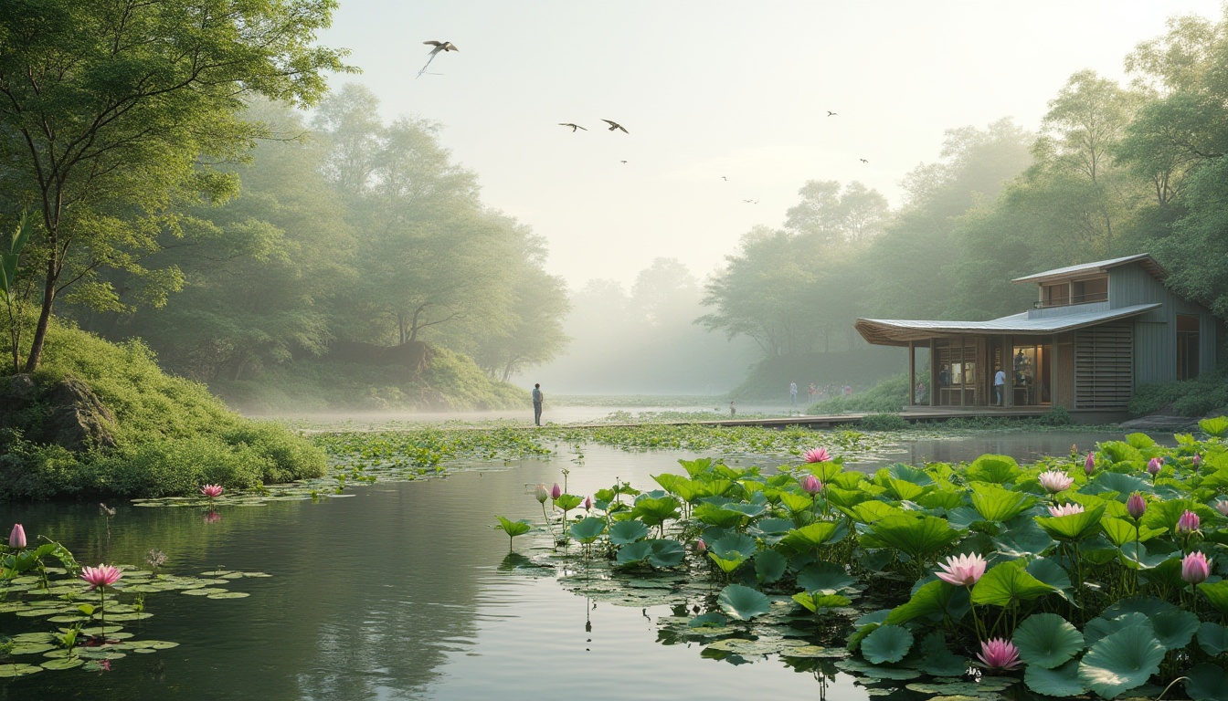 Prompt: Ecological wetland, sustainable design, natural habitat, serene atmosphere, misty morning, green vegetation, various water plants, lotus flowers blooming, gentle ripples on the water surface, wooden boardwalk, winding path, educational signage, birdwatching deck, observation hut, eco-friendly materials, recycled wood, solar panels, rainwater harvesting system, native wildlife, birds flying overhead, soft natural light, warm color palette, shallow depth of field.