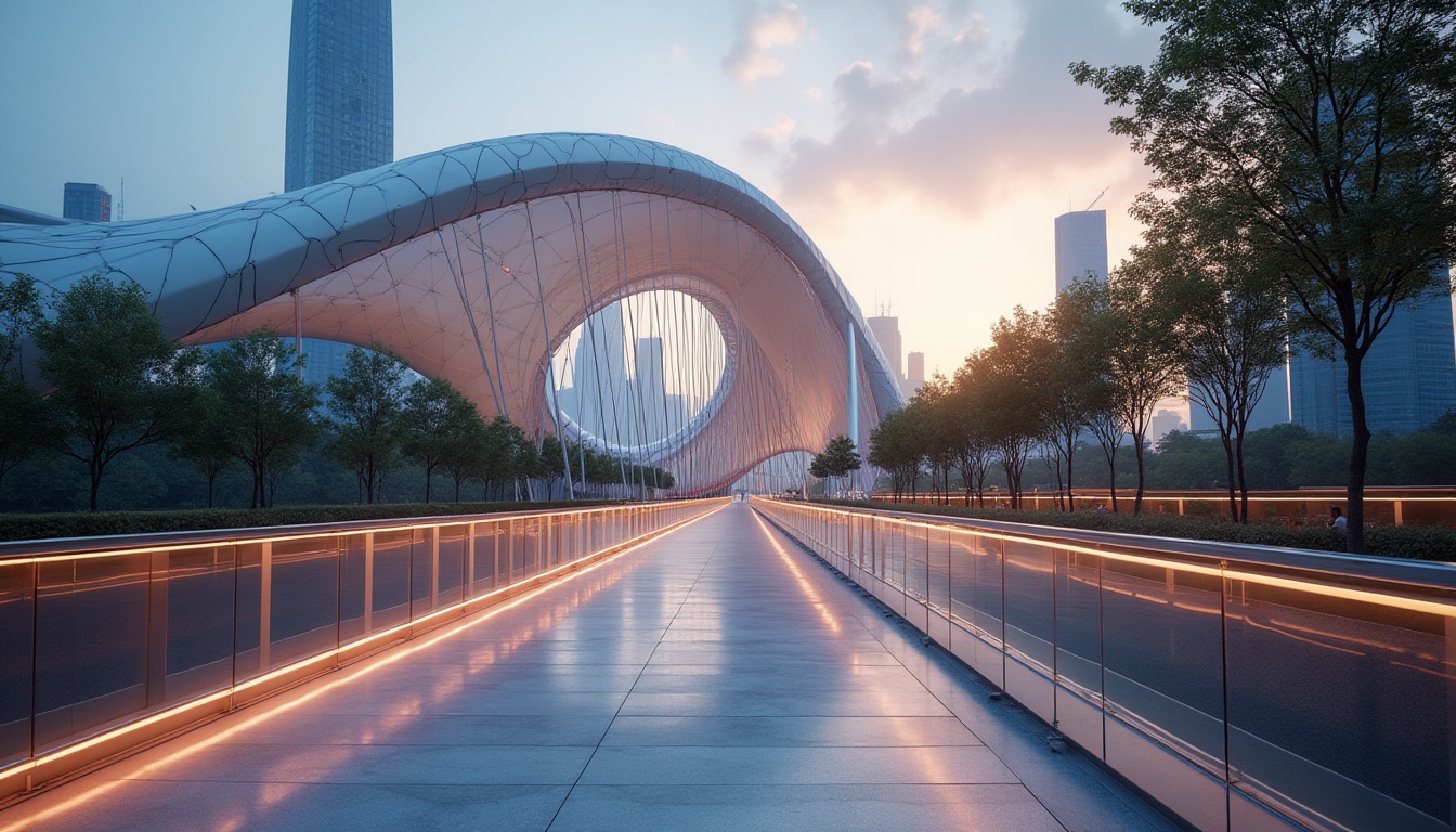 Prompt: Modern pedestrian bridge, innovative fabrics material, wavy structure, metallic framework, glass railing, soft LED lighting, warm ambient glow, evening scenery, urban landscape, city skyline, skyscrapers, trees lining both sides, gentle breeze, dynamic composition, 3/4 view, shallow depth of field, vibrant colors, futuristic atmosphere.