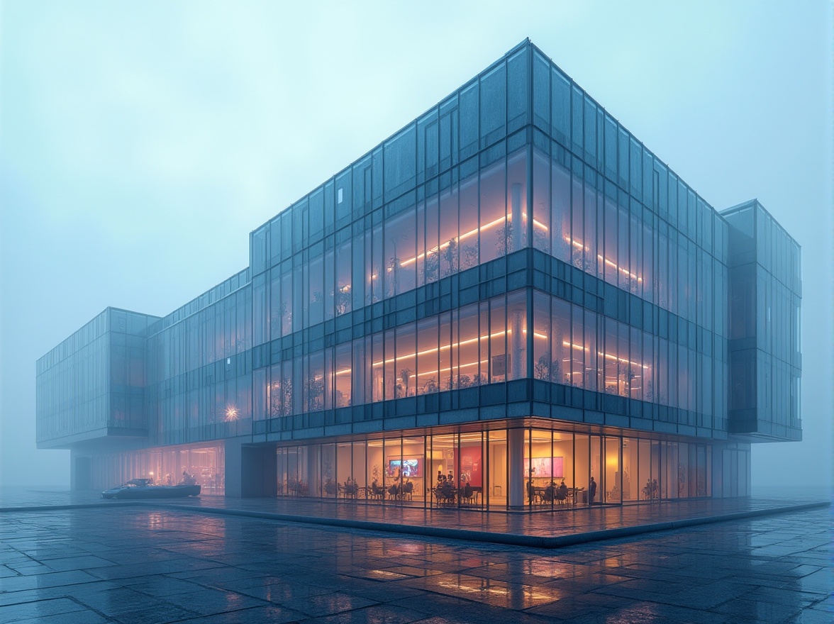 Prompt: Modern laboratory building, futuristic architecture, unique angular structure, glass facade, metallic frames, sleek lines, minimalist design, vibrant color accents, abstract shapes, LED lighting, atmospheric mist, subtle fog effect, 3/4 composition, panoramic view, low-angle shot, dramatic shadows, intense highlights, soft focus background, crystal clear reflections.