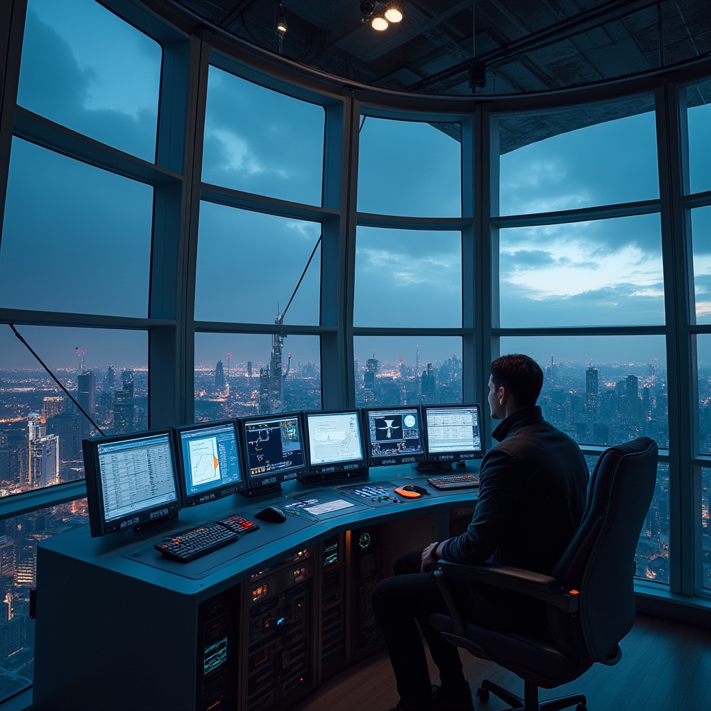 Prompt: Watching tower, futuristic, modern architecture, steel beams, glass windows, sleek lines, minimalist design, control room, monitoring screens, operator sitting, ergonomic chair, futuristic dashboard, buttons and levers, neon lights, dim ambient lighting, cityscape view, metropolitan skyscrapers, night scene, dramatic clouds, cinematic composition, wide-angle lens.