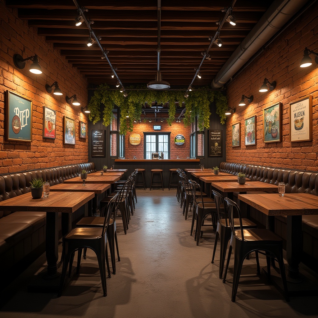 Prompt: Modern pub interior, brick material walls, industrial chic style, exposed brick texture, warm ambient lighting, wooden furniture, rustic tables, metal chairs, vintage beer signs, greenery hanging from ceiling, cozy atmosphere, intimate setting, 45-degree angle, warm color palette, natural materials, earthy tone, dimmed lighting, afternoon scene.