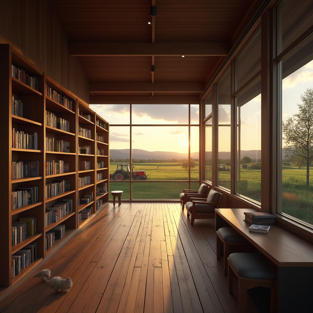 Prompt: Rural library, modern architecture, large windows, wooden interior, bookshelves, reading areas, comfortable seating, warm lighting, natural scenery, farmland views, rolling hills, green pastures, tractors in distance, sunset sky, peaceful atmosphere, 3/4 composition, soft focus, warm color tone, cinematic mood.