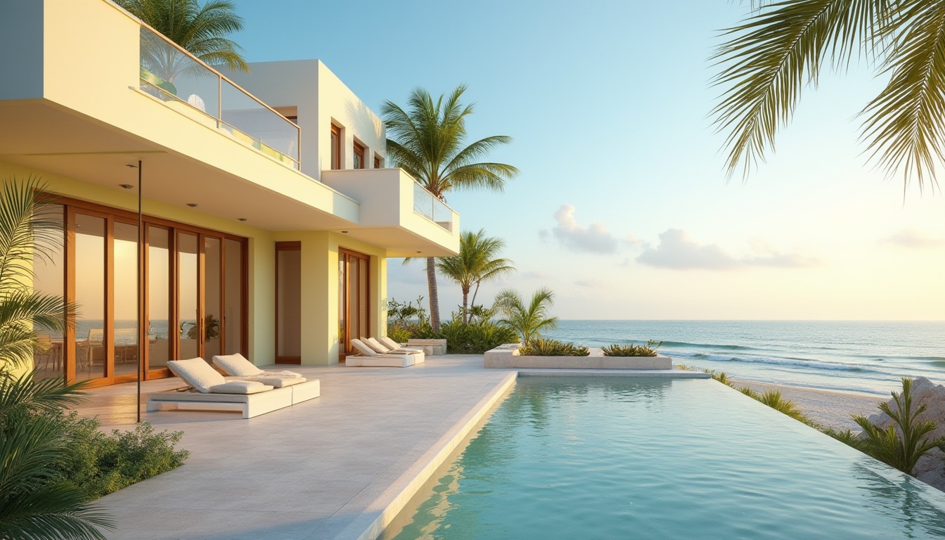 Prompt: Coastal villa, modern architecture, light yellow exterior walls, white windows, wooden doors, beachside, palm trees, calm ocean waves, clear blue sky, soft sunlight, warm ambient lighting, gentle sea breeze, outdoor furniture with cushions, Mediterranean style, seaside resort, 3/4 composition, panoramic view.