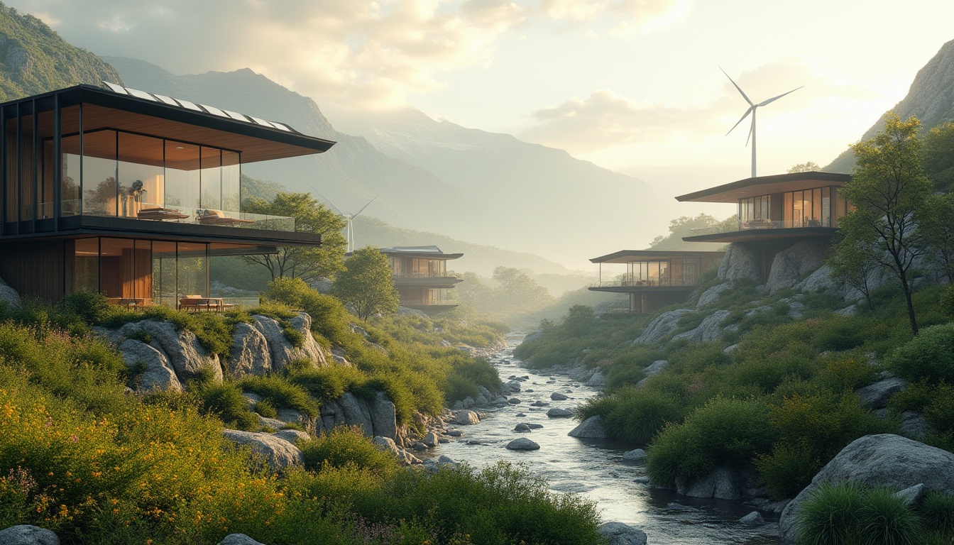 Prompt: Valley landscape, futuristic architecture, sleek modern lines, cantilevered houses, angular roofs, floor-to-ceiling windows, minimalist interior design, natural stone walls, green roofs, solar panels, wind turbines, valley stream running through the center, lush greenery, vibrant wildflowers, misty atmosphere, soft golden lighting, 3/4 composition, cinematic depth of field.