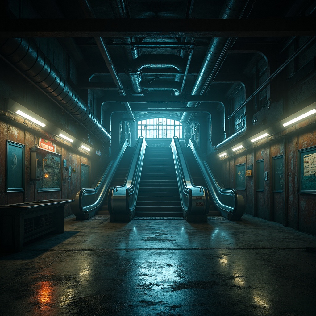 Prompt: Gloomy metro station, dimly lit, industrial atmosphere, exposed pipes, rusty metal beams, futuristic escalators, abstract geometric shapes, vibrant neon lights, eerie shadows, distorted reflections, avant-garde architecture, bold typography, urban decay, atmospheric mist, cinematic lighting, low-angle shot, symmetrical composition, 3/4 view.