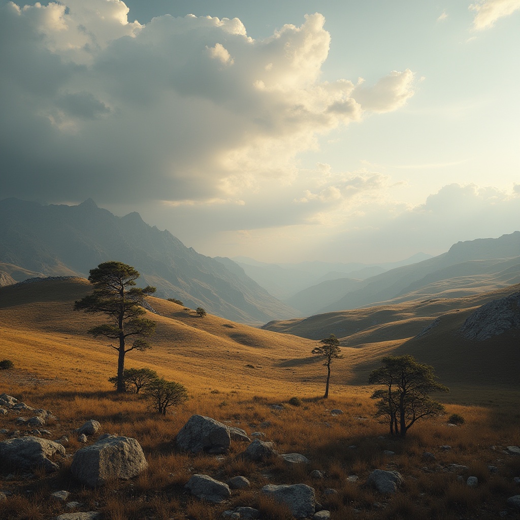 Prompt: Plateau landscape, vast open space, rolling hills, sparse trees, rugged terrain, rocky outcrops, distant misty mountains, dramatic cloudy sky, warm golden light, soft ambient occlusion, 3/4 composition, low angle shot, atmospheric perspective, cinematic mood, serenity, solitude, adventure.