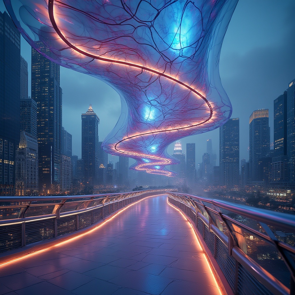 Prompt: Modern pedestrian bridge, futuristic design, innovative fabrics material, iridescent colors, glowing neon lights, stainless steel structure, translucent canopies, wavy patterns, misty atmosphere, cityscape background, skyscrapers, bustling streets, night scene, ambient lighting, 3/4 composition, panoramic view.