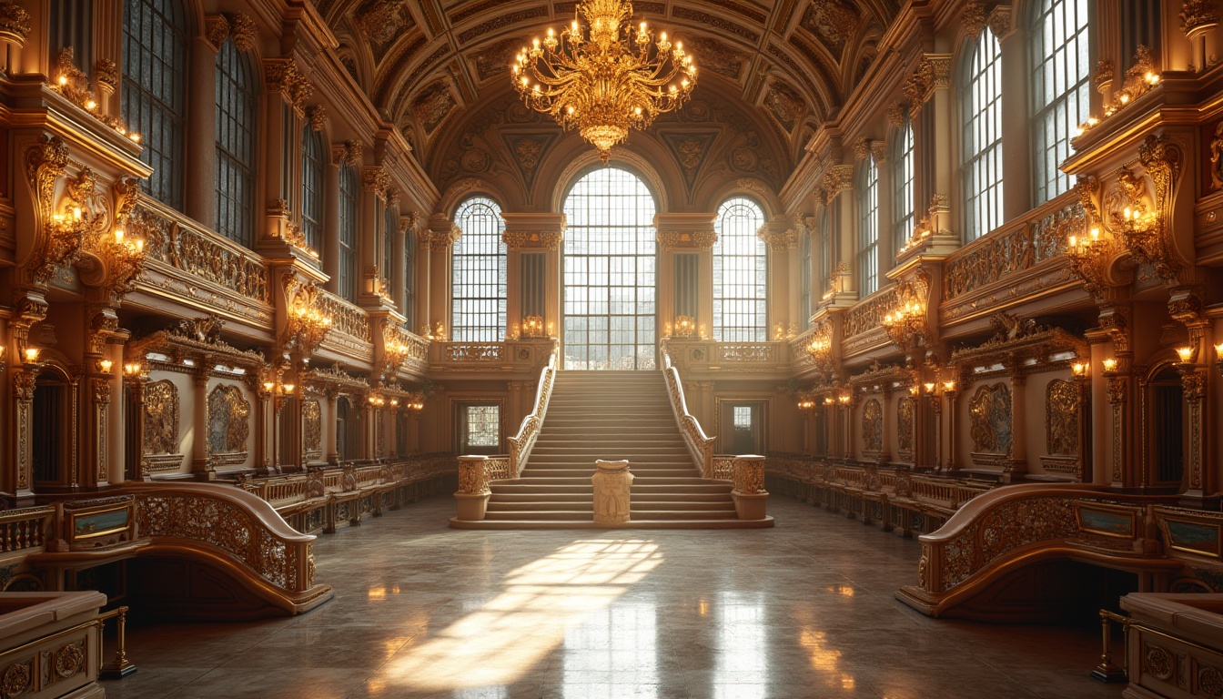 Prompt: Grandiose Baroque train station, intricate ornate details, majestic high ceilings, lavish chandeliers, rich marble floors, grand staircase with gilded banisters, canyon-inspired modern elements, sleek metallic lines, large windows with panoramic views, natural light pouring in, warm golden lighting, 3/4 composition, depth of field, realistic textures, ambient occlusion.