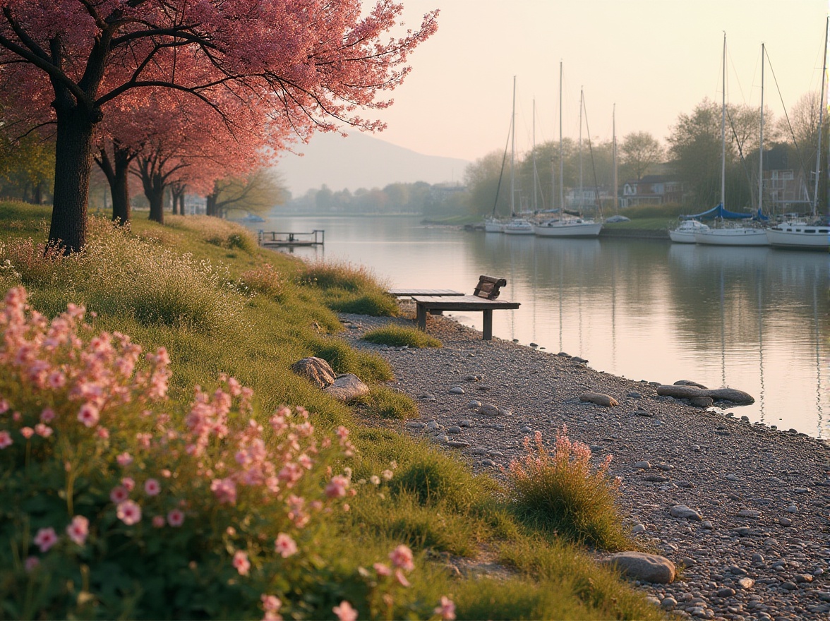 Prompt: Mauve colored riverbank, serene landscape, gentle slopes, lush greenery, mauve toned flowers blooming, soft petals, delicate stems, river flowing gently, calm water reflections, pebbles and stones lining the bank, a few benches scattered, wooden docks jutting out, sailboats docked, warm afternoon sunlight, soft shadows, 3/4 composition, naturalistic, peaceful atmosphere.