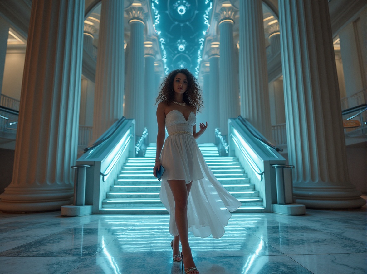 Prompt: Ancient Greek columns, modern LED lights, marble floors, futuristic metal stairs, elegant woman, 25yo, flowing curly brown hair, pearl necklace, white toga, high heels, holding smartphone, standing, confident pose, symmetrical composition, low-angle shot, dramatic lighting, contrasting textures, neoclassical architecture, urban cityscape, night scene, vibrant colors, misty atmosphere.