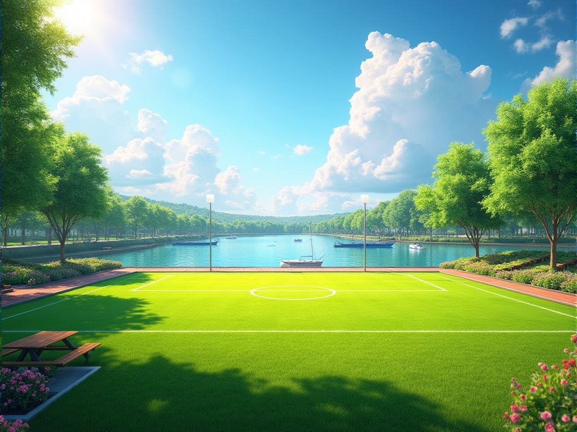 Prompt: Lakefront sports fields, sunny afternoon, clear blue sky, fluffy white clouds, lush green grass, soccer field, football field, tennis courts, basketball courts, running tracks, fitness stations, lake water shimmering in the background, sailboats and kayaks drifting by, surrounding trees providing shade, wooden benches and picnic tables along the lake shore, vibrant colorful flowers blooming, soft gentle breeze, warm lighting, 3/4 composition, panoramic view.