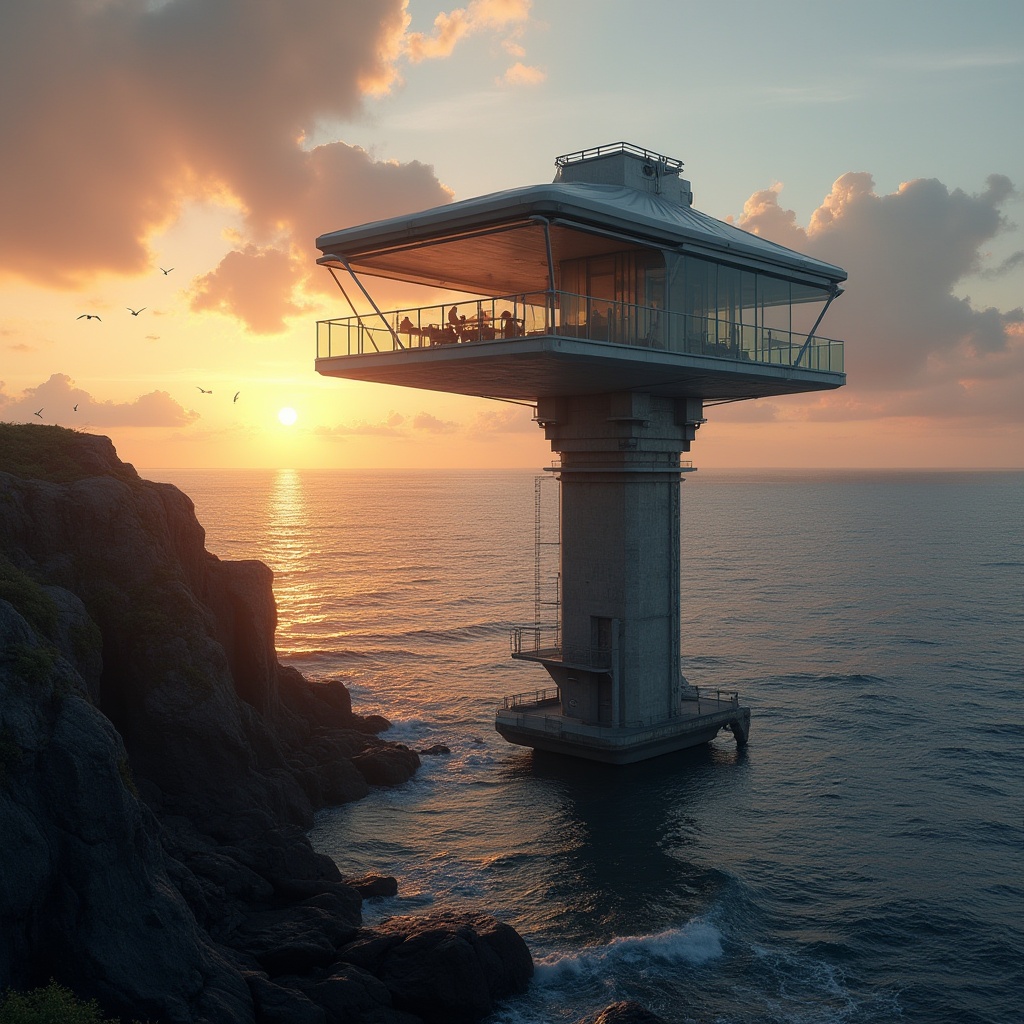 Prompt: Modern coastal watching tower, futuristic design, sleek lines, steel framework, glass walls, minimalistic, ocean views, seaside cliff, rocky shores, waves crashing, seagulls flying, sunset atmosphere, warm golden lighting, dramatic shadows, 3/4 composition, low-angle shot, cinematic mood, HDR, ambient Occlusion.