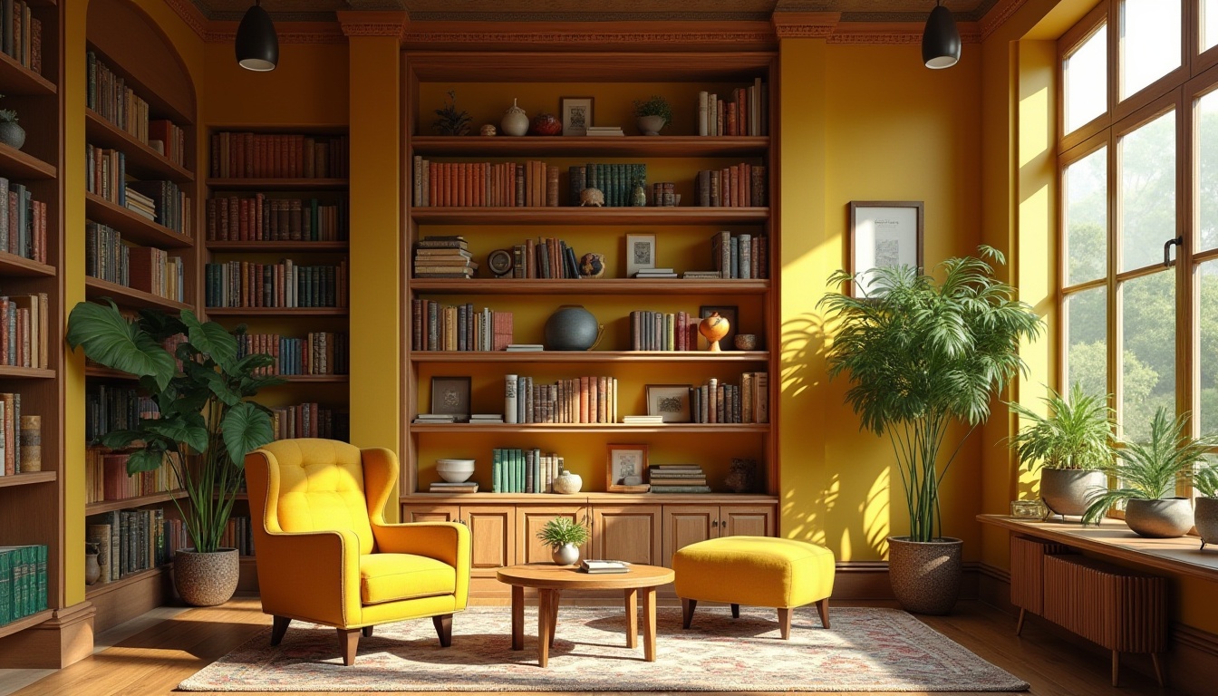 Prompt: Cozy library, yellow accent wall, wooden shelves, vintage books, spherical pendant lamps, comfortable reading nook, yellow velvet armchair, round coffee table, green plants, natural light pouring through large windows, calm atmosphere, 3/4 composition, warm softbox lighting, afternoon ambiance.