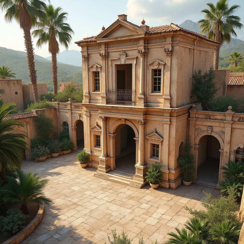 Prompt: Sandstone building, ancient architecture, grand entrance, intricate carvings, ornate columns, weathered texture, rough surface, warm beige color, rustic charm, Mediterranean villa, sprawling courtyard, lush greenery, tall palm trees, sunny afternoon, dramatic lighting, high angle shot, cinematic composition.