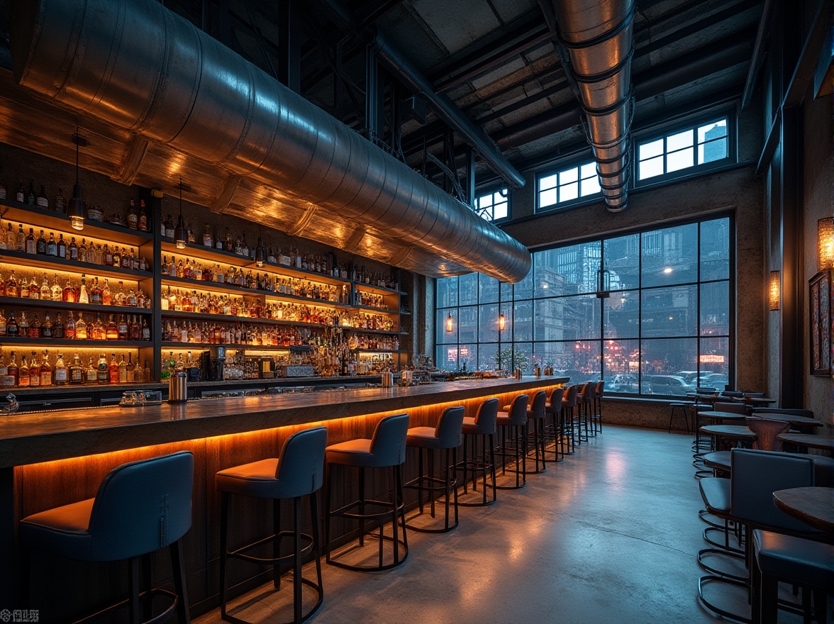 Prompt: Galvanized steel, modern bar, constructivist architecture, metallic texture, industrial chic, angular lines, geometric shapes, minimalist decor, concrete floors, exposed ductwork, urban setting, cityscape, night scene, neon lights, bustling atmosphere, dynamic composition, high contrast, dramatic lighting.