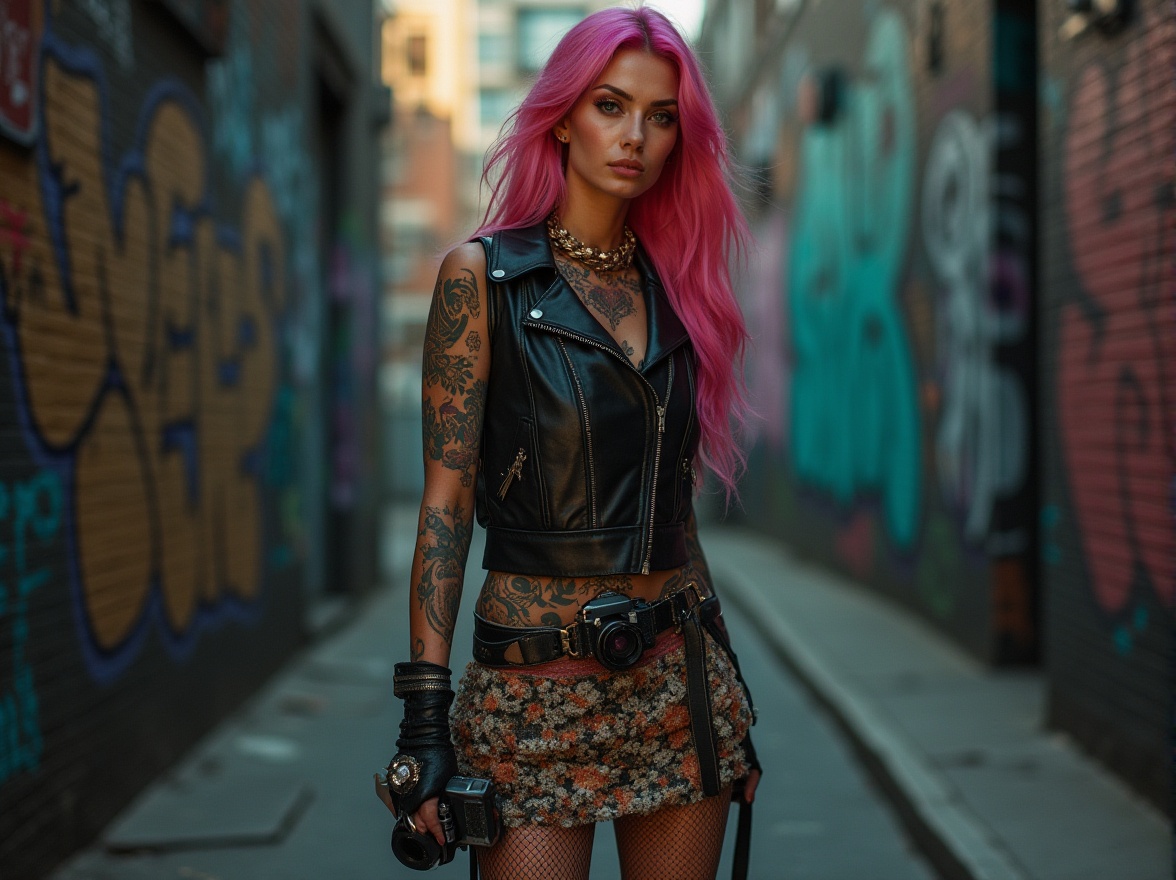 Prompt: Eclectic lady, 25yo, bold eyebrows, bright pink hair, colorful tattoos on arms, ripped fishnet stockings, leather jacket, floral patterned skirt, chunky boots, statement accessories, vintage camera, urban alleyway, graffiti walls, industrial lighting, moody atmosphere, cinematic composition, high contrast, gritty texture.