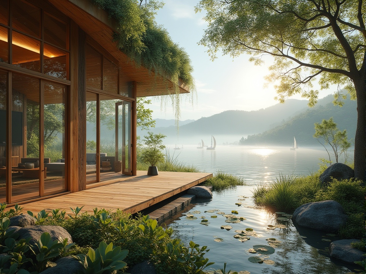 Prompt: Lakefront modern villa, sustainable practices, eco-friendly architecture, large windows, solar panels, green roof, recycled materials, minimal waste, natural ventilation, rainwater harvesting system, bamboo flooring, reclaimed wood accents, energy-efficient appliances, living room with floor-to-ceiling glass walls, panoramic view of lake, serene atmosphere, morning mist, gentle lake breeze, lush surrounding vegetation, water lilies floating on the lake surface, distant sailboats, soft warm lighting, shallow depth of field, cinematic composition.