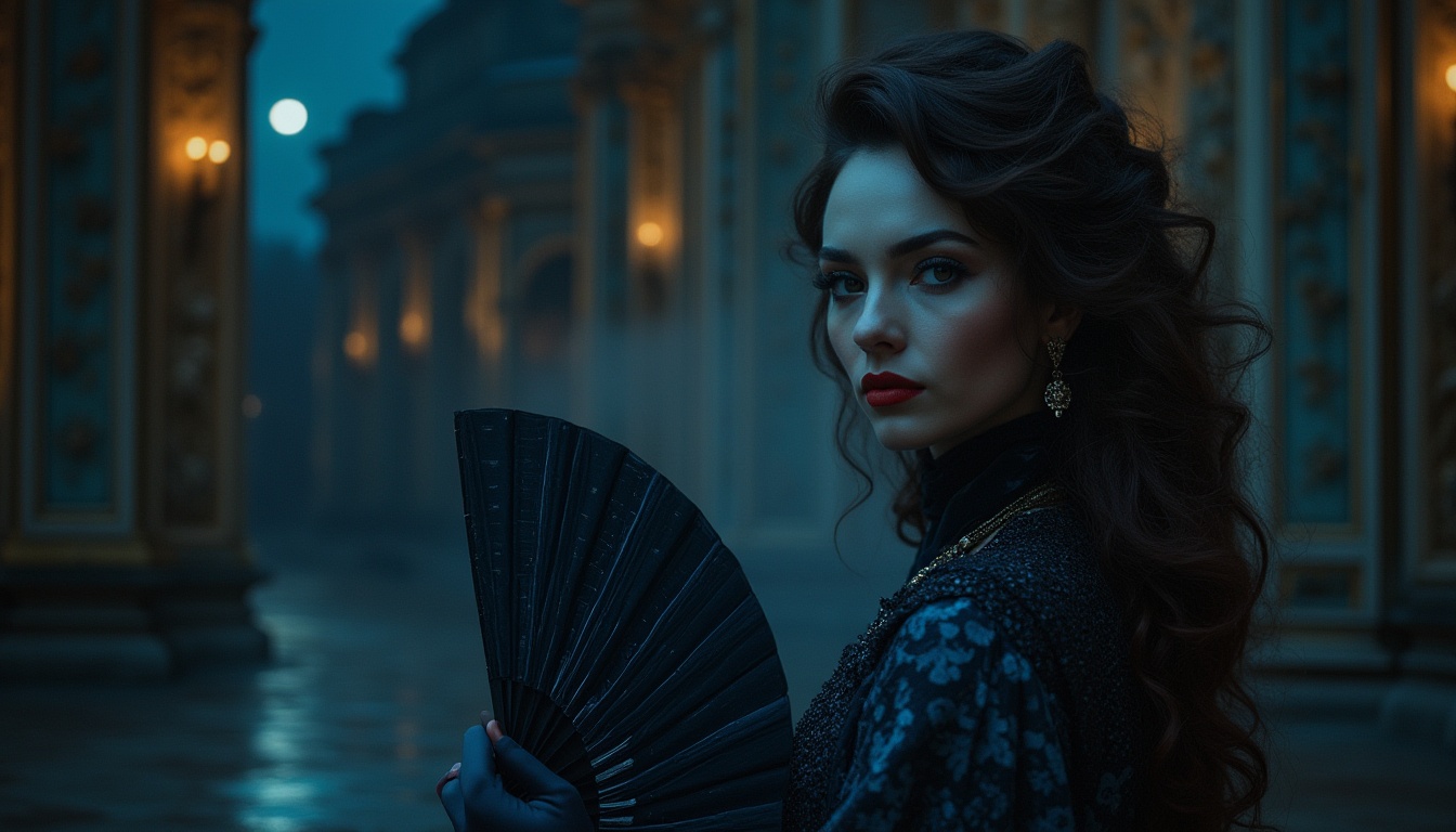 Prompt: Dark blue Prussian color, luxurious velvet fabric, ornate gold frame, intricate pattern, mysterious atmosphere, dimly lit, solo aristocratic woman, curly brown hair, porcelain skin, red lipstick, lavish jewelry, evening gown, satin gloves, holding a vintage fan, standing in front of a grandiose Baroque palace, nighttime, misty fog, subtle moonlight, dramatic spotlight, cinematic composition.