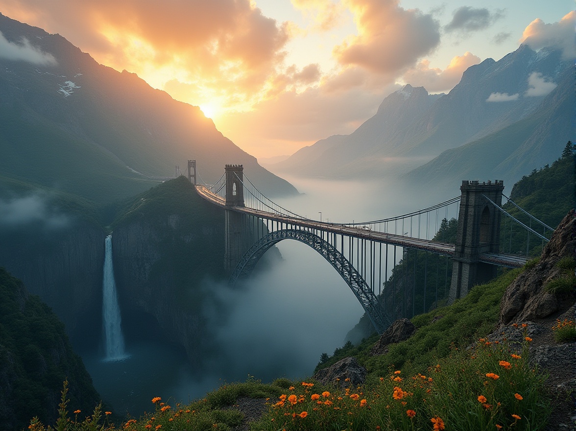 Prompt: Mountainous plateau, rugged terrain, majestic bridges, grandeur architecture, steel arches, suspension cables, concrete piers, rocky cliffs, misty atmosphere, low-hanging clouds, dramatic lighting, warm sunset hues, vibrant greenery, wildflowers blooming, winding mountain roads, scenic overlooks, distant waterfalls, mist-shrouded valleys, dynamic composition, cinematic depth of field, realistic textures, ambient occlusion.