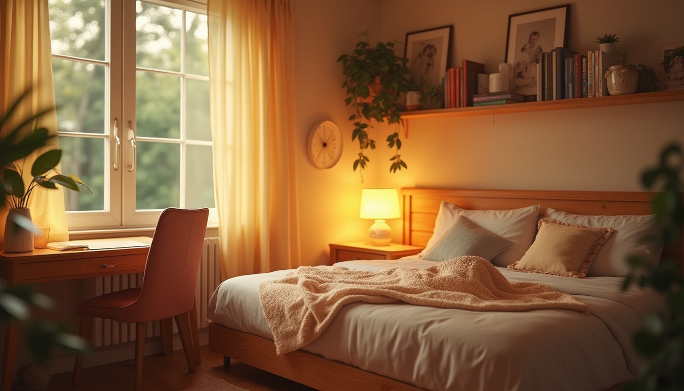 Prompt: Cozy dorm interior, amber color tone, warm wooden desk, comfortable cushions, soft blankets, gentle lamp lighting, modern minimalist bed frame, warm beige walls, floor-to-ceiling windows, greenery on the shelf, a few favorite novels, framed family photos, calm atmosphere, afternoon sunlight streaming through the window, shallow depth of field, cinematic composition, soft focus, filmic ambiance.